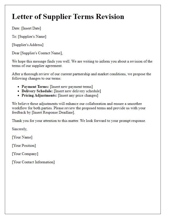 Letter template of supplier terms revision