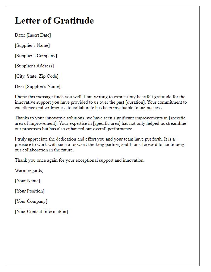 Letter template of Gratitude for Supplier Innovation Support