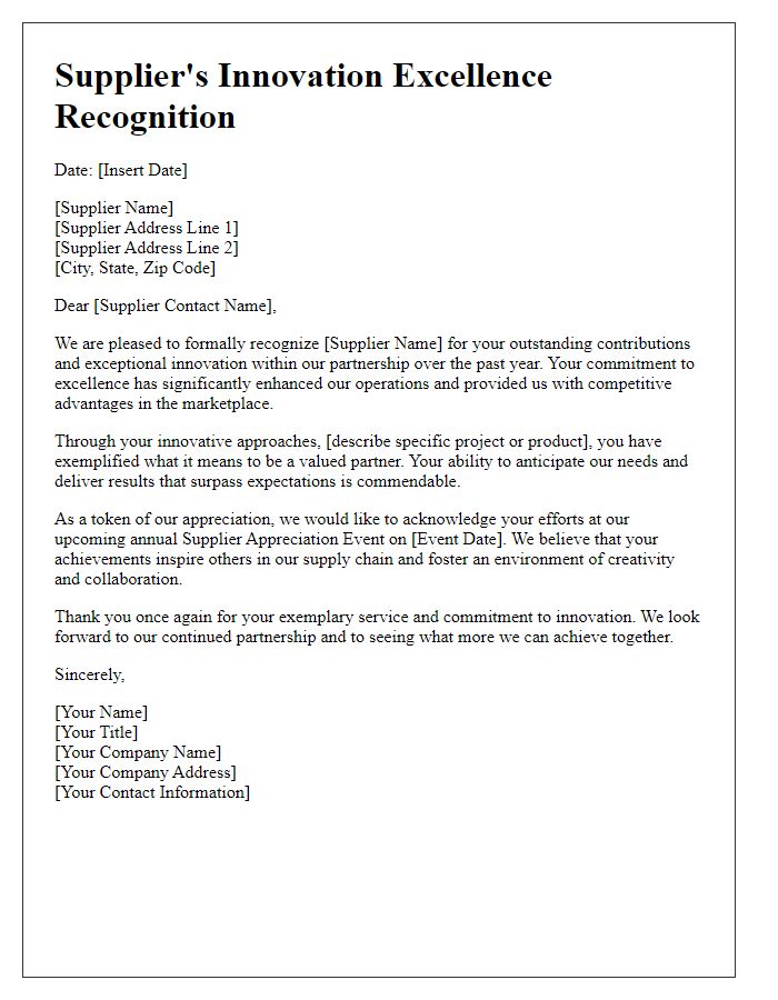 Letter template of Supplier's Innovation Excellence Recognition