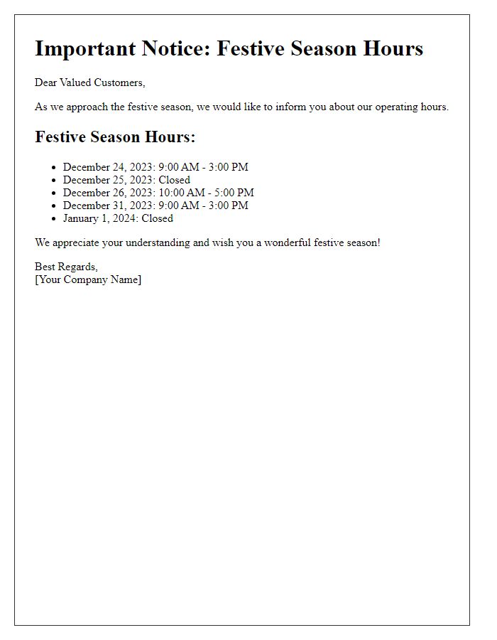 Letter template of vendor festive season hours