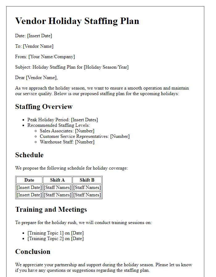 Letter template of vendor holiday staffing plan