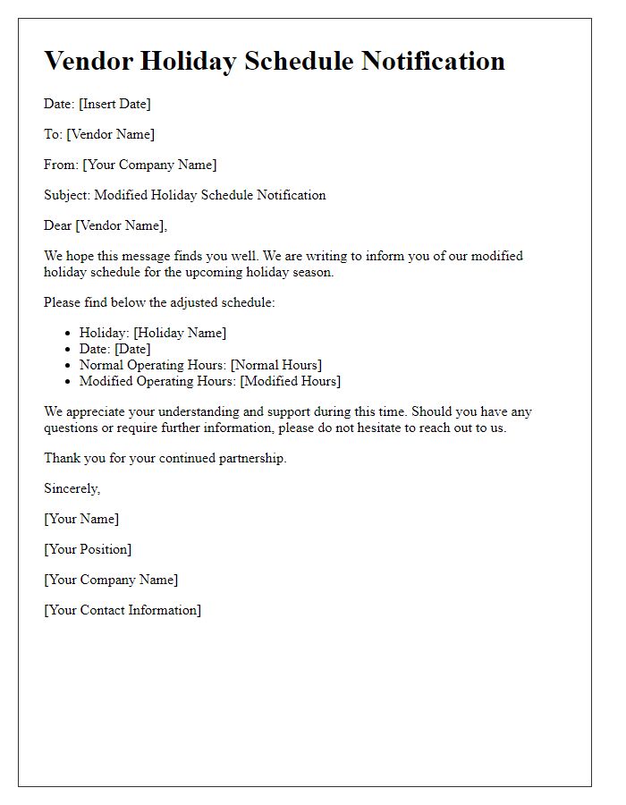 Letter template of vendor modified holiday schedule