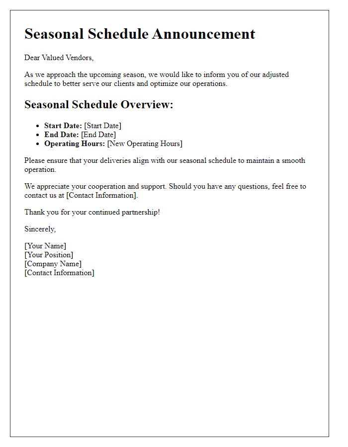 Letter template of vendor seasonal schedule announcement