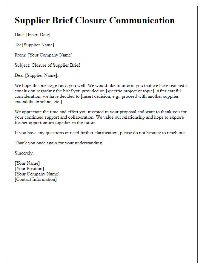 Letter template of Supplier Brief Closure Communication