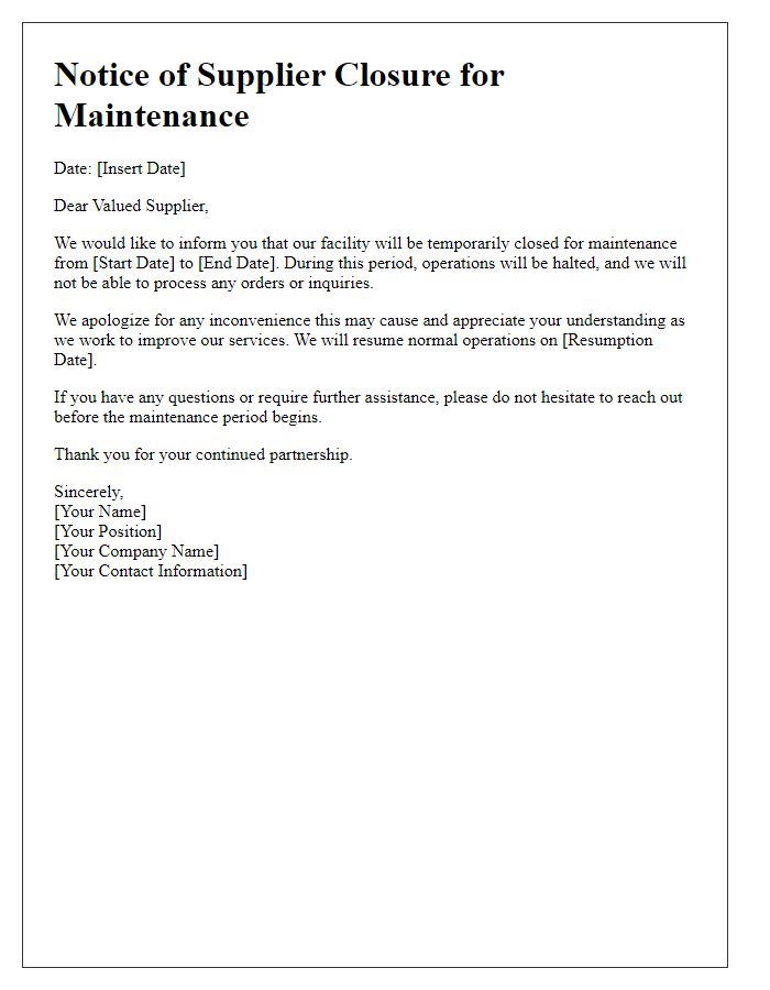 Letter template of Supplier Closure for Maintenance Notice