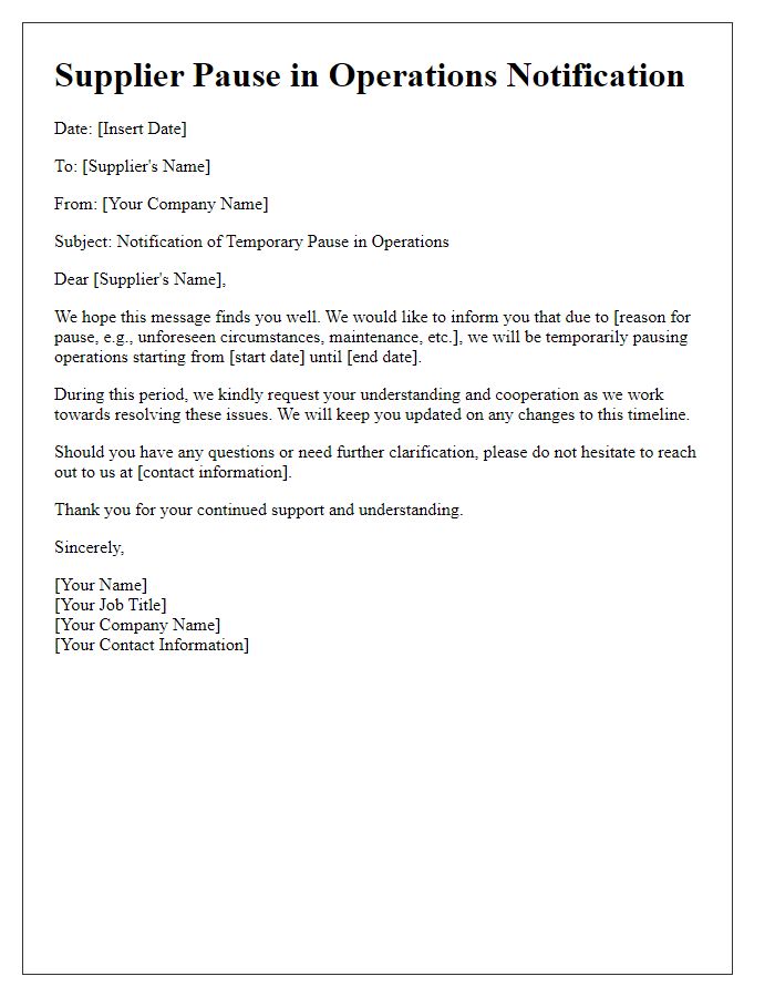 Letter template of Supplier Pause in Operations Notification