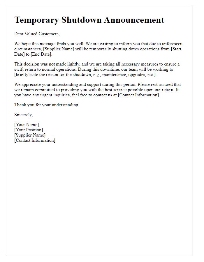 Letter template of Supplier Temporary Shutdown Announcement