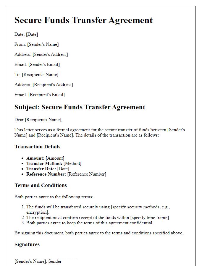 Letter template of secure funds transfer agreement