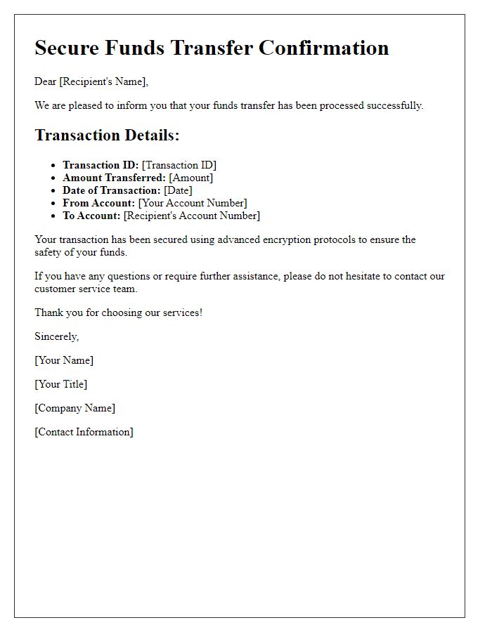 Letter template of secure funds transfer confirmation