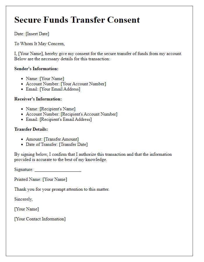 Letter template of secure funds transfer consent