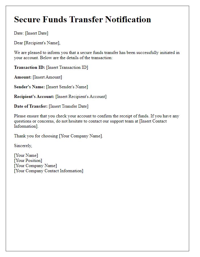 Letter template of secure funds transfer notification