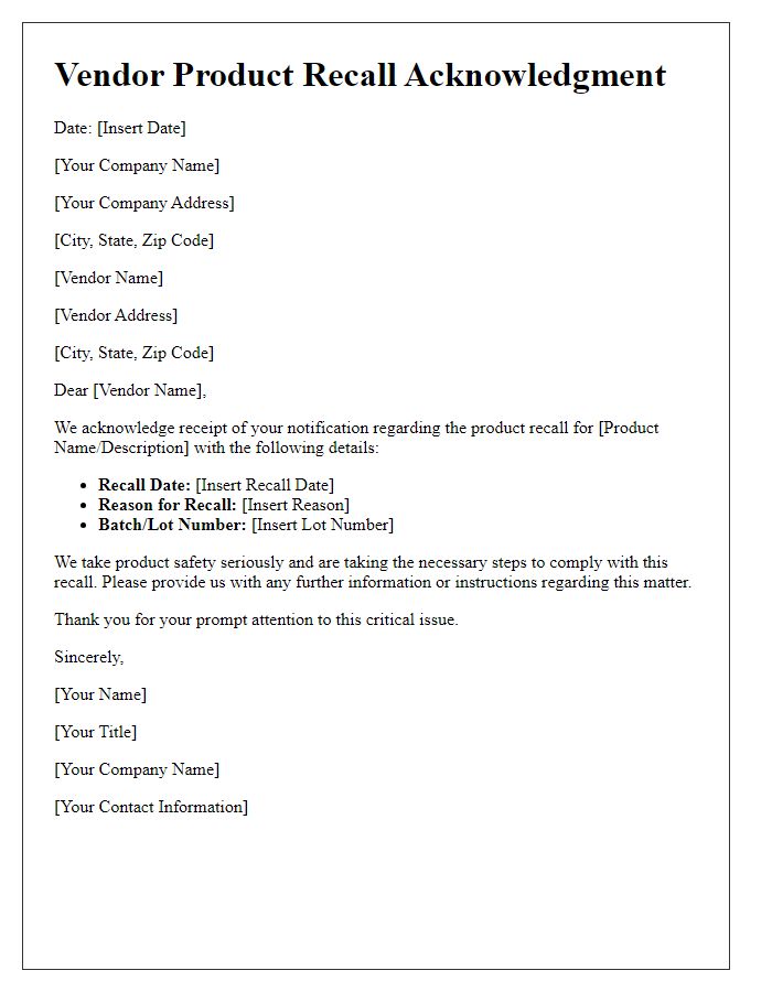 Letter template of vendor product recall acknowledgment