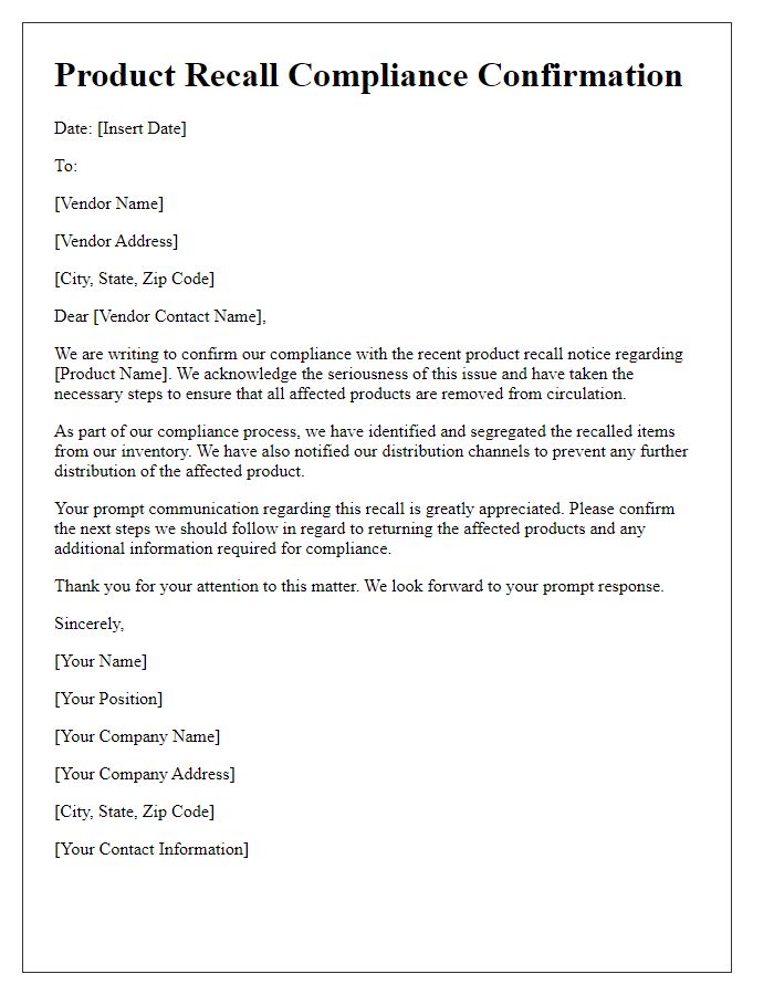 Letter template of vendor product recall compliance confirmation