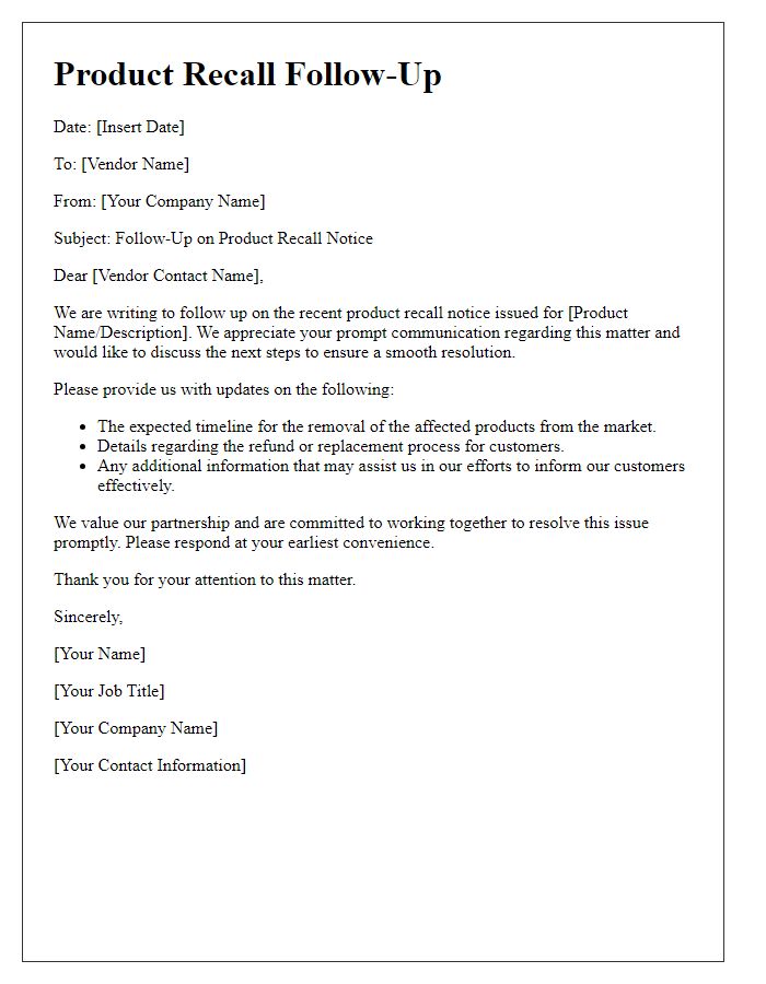 Letter template of vendor product recall follow-up communication