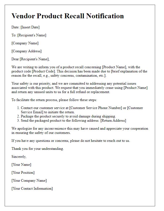 Letter template of vendor product recall notification