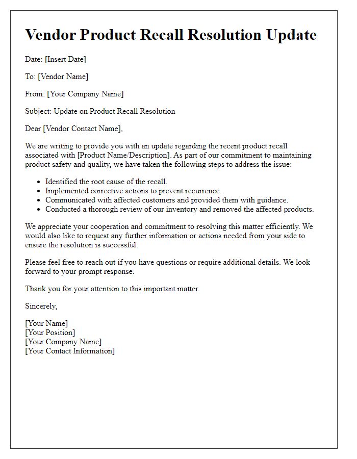 Letter template of vendor product recall resolution update