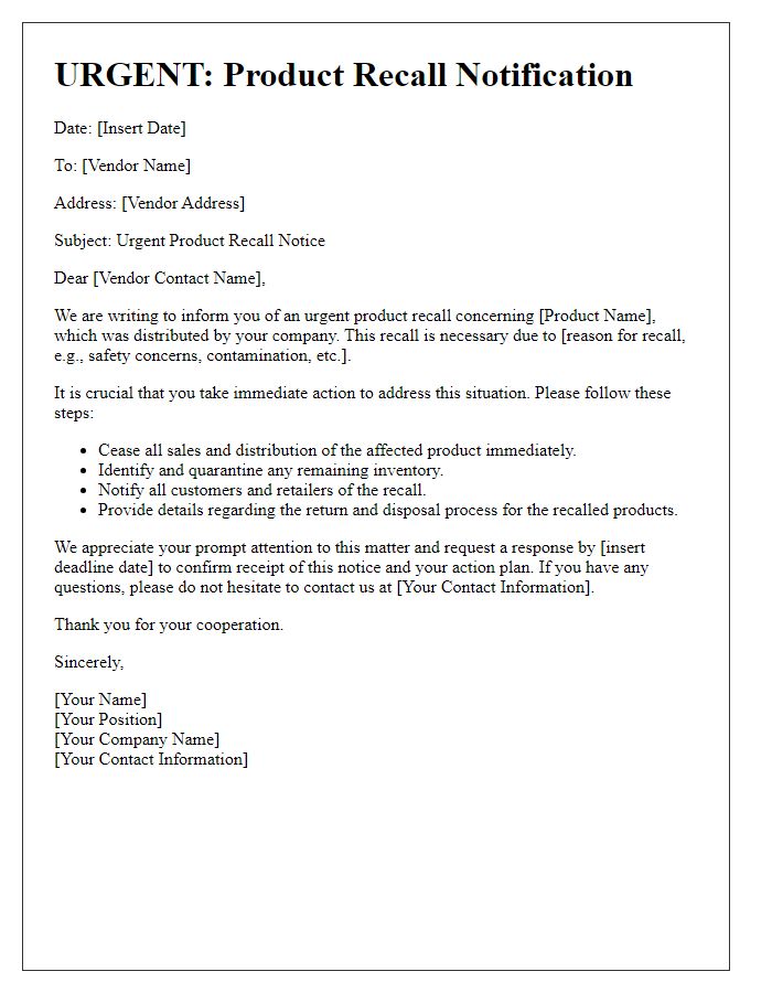 Letter template of vendor product recall urgent response