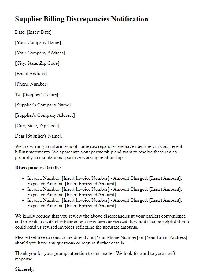 Letter template of supplier billing discrepancies notification