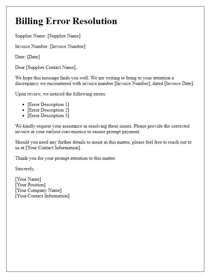 Letter template of supplier billing error resolution