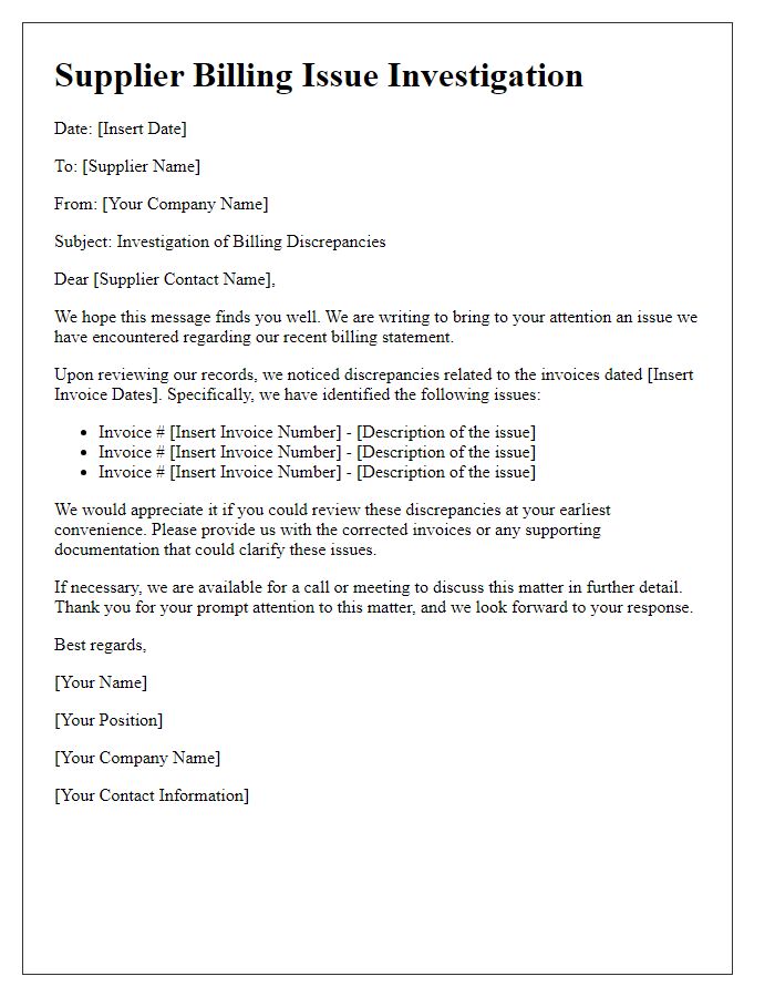 Letter template of supplier billing issue investigation