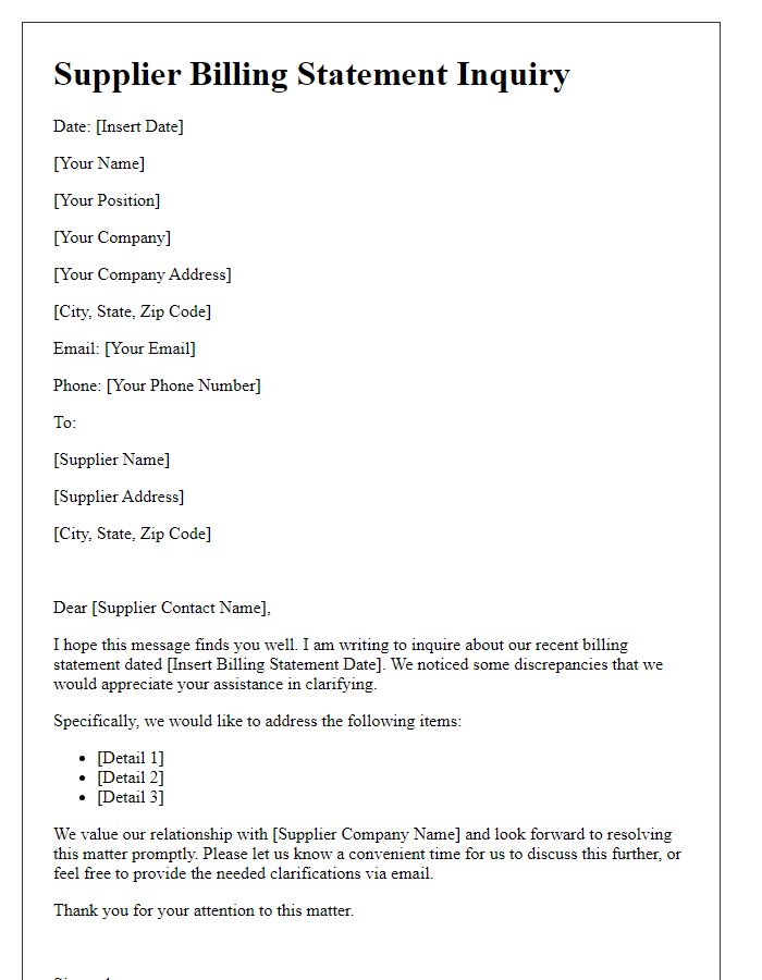 Letter template of supplier billing statement inquiry