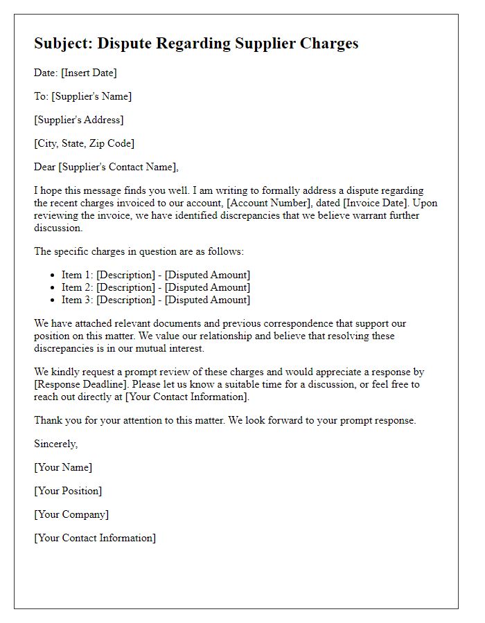 Letter template of supplier charges dispute communication