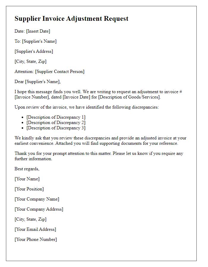 Letter template of supplier invoice adjustment request