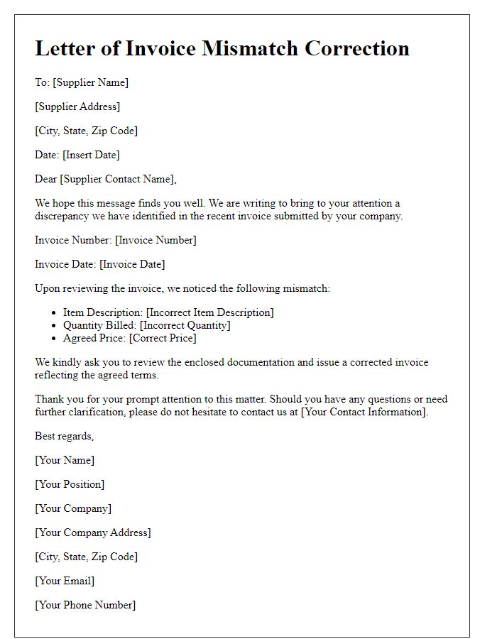 Letter template of supplier invoice mismatch correction