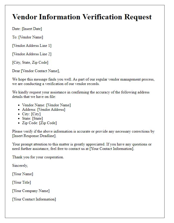 Letter template of Vendor Information Verification Request for Address Confirmation