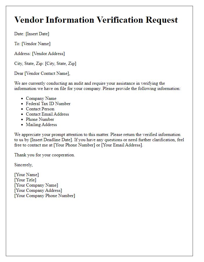 Letter template of Vendor Information Verification Request for Audit Purposes