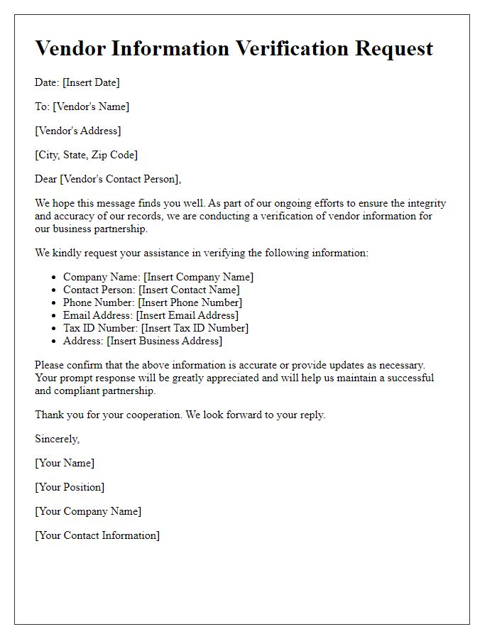 Letter template of Vendor Information Verification Request for Business Partnership