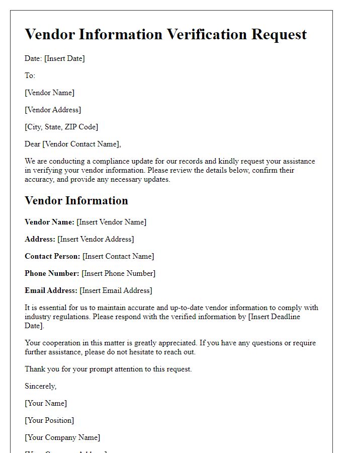 Letter template of Vendor Information Verification Request for Compliance Update