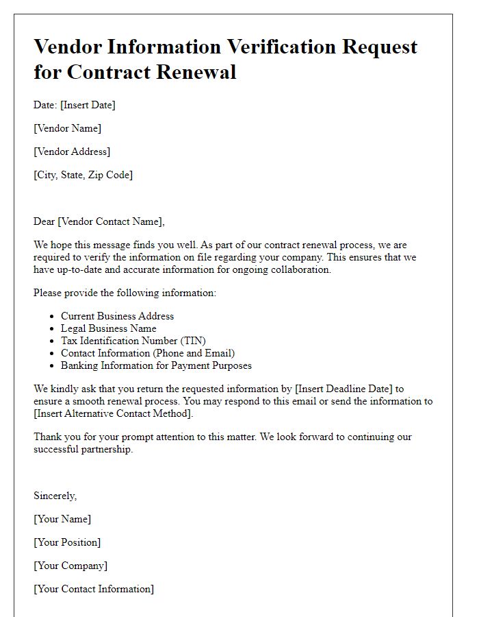 Letter template of Vendor Information Verification Request for Contract Renewal