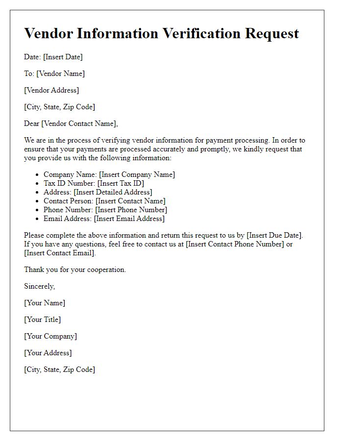 Letter template of Vendor Information Verification Request for Payment Processing