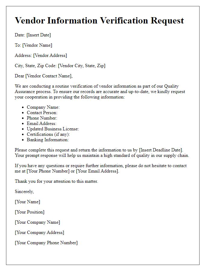 Letter template of Vendor Information Verification Request for Quality Assurance