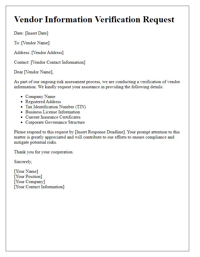 Letter template of Vendor Information Verification Request for Risk Assessment