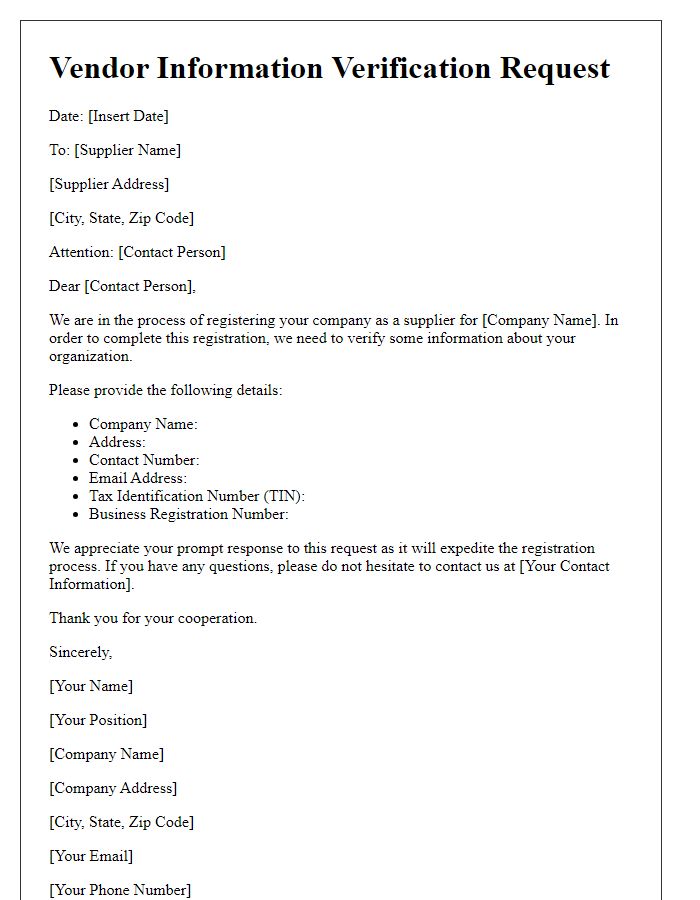 Letter template of Vendor Information Verification Request for Supplier Registration