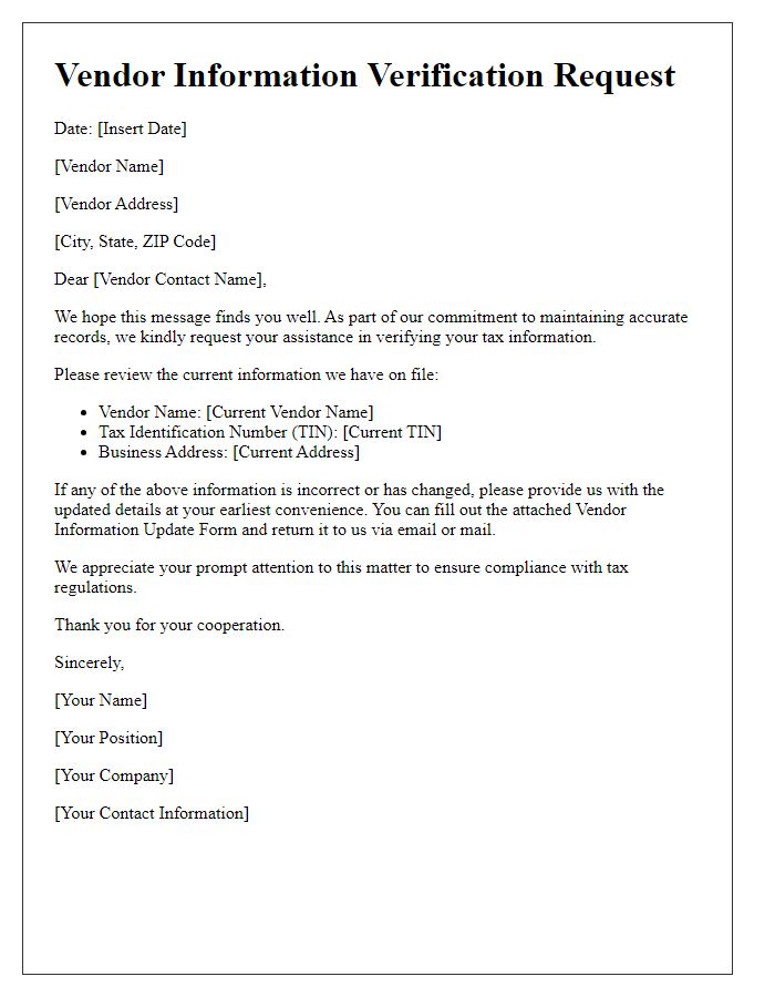 Letter template of Vendor Information Verification Request for Tax Information Update