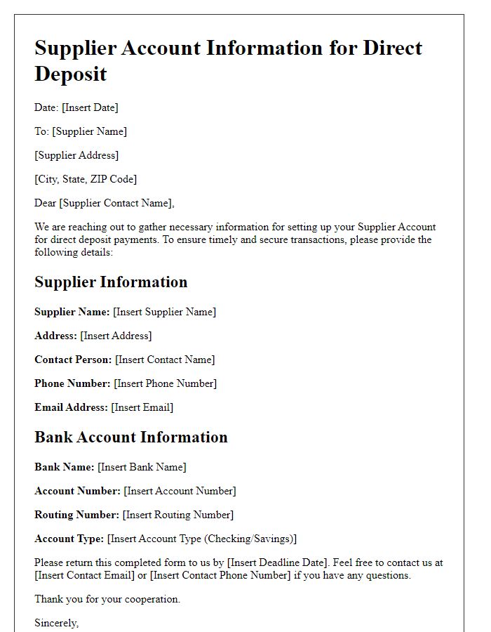 Letter template of Supplier Account Information for Direct Deposit