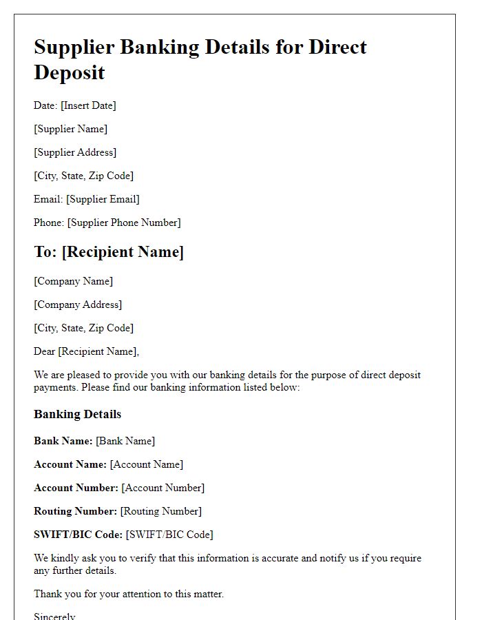 Letter template of Supplier Banking Details for Direct Deposit