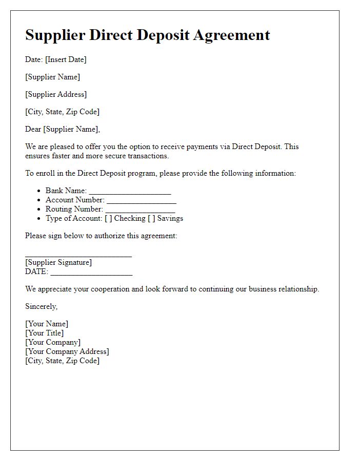 Letter template of Supplier Direct Deposit Agreement