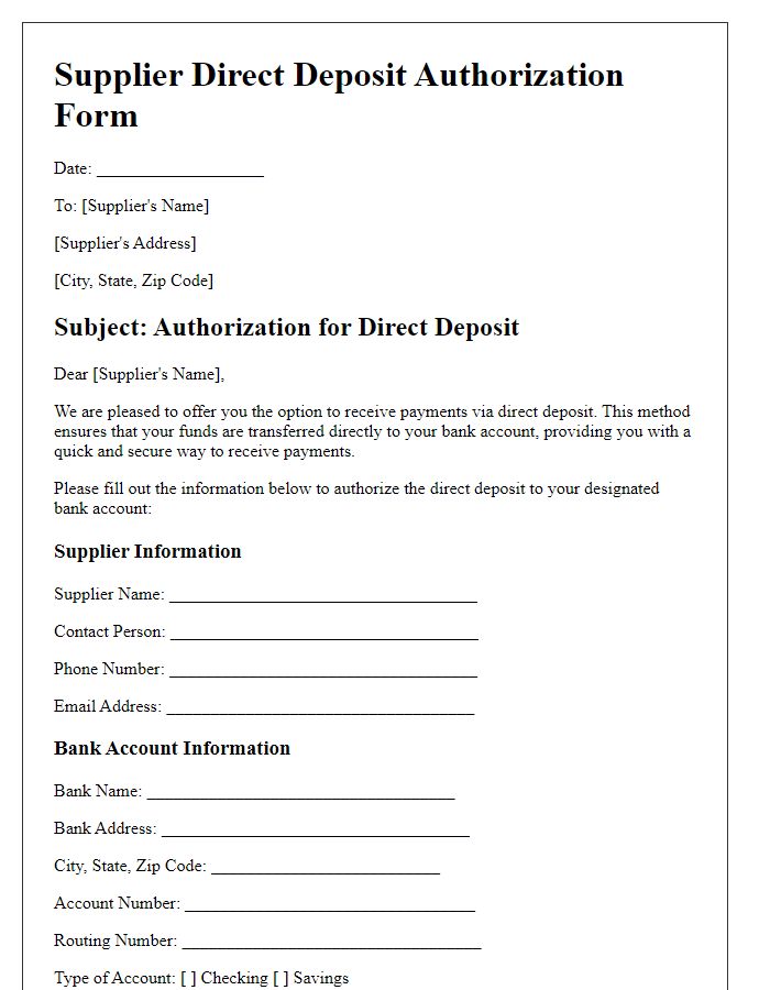 Letter template of Supplier Direct Deposit Authorization Form