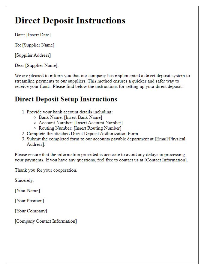 Letter template of Supplier Direct Deposit Instructions