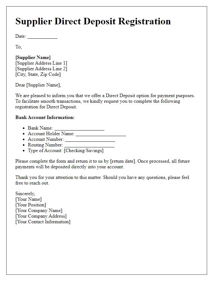 Letter template of Supplier Direct Deposit Registration