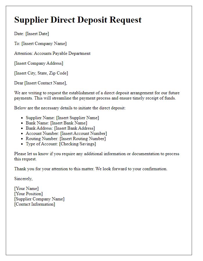 Letter template of Supplier Direct Deposit Request