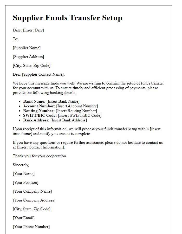 Letter template of Supplier Funds Transfer Setup