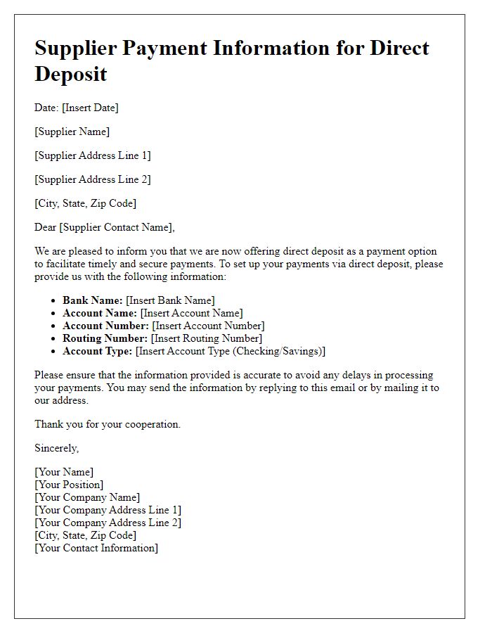 Letter template of Supplier Payment Information for Direct Deposit