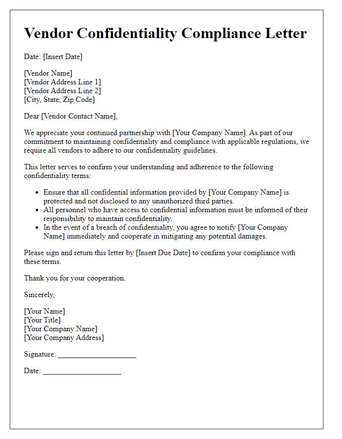 Letter template of Vendor Confidentiality Compliance