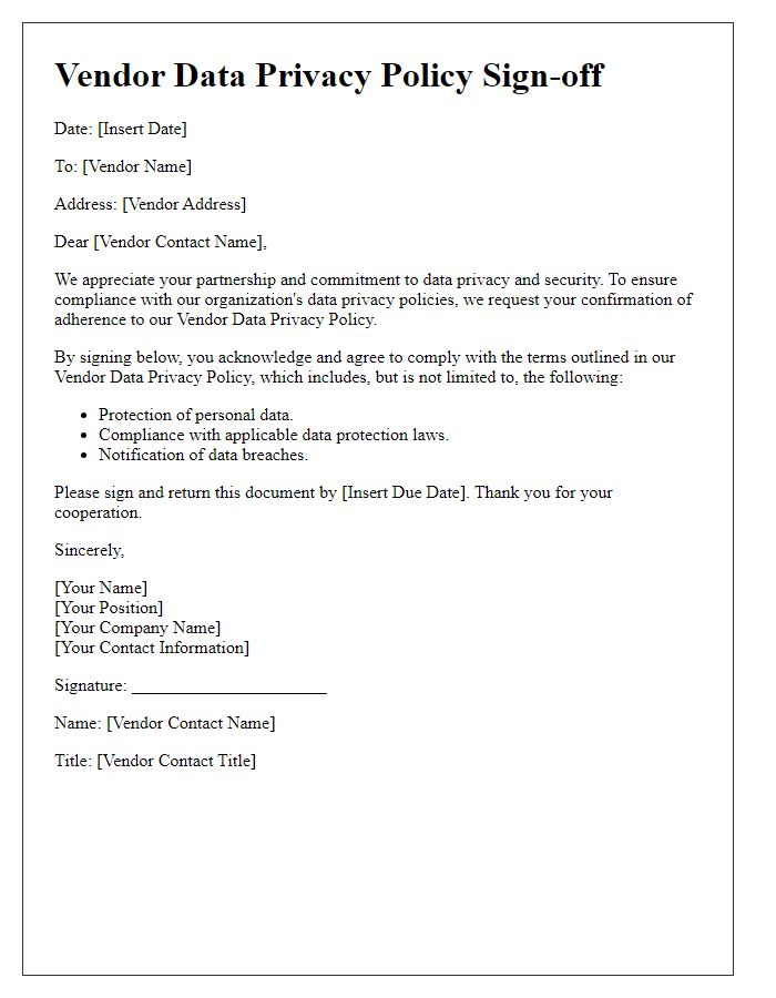 Letter template of Vendor Data Privacy Policy Sign-off