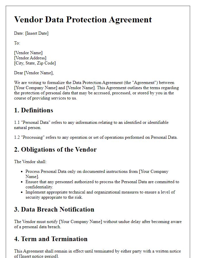 Letter template of Vendor Data Protection Agreement